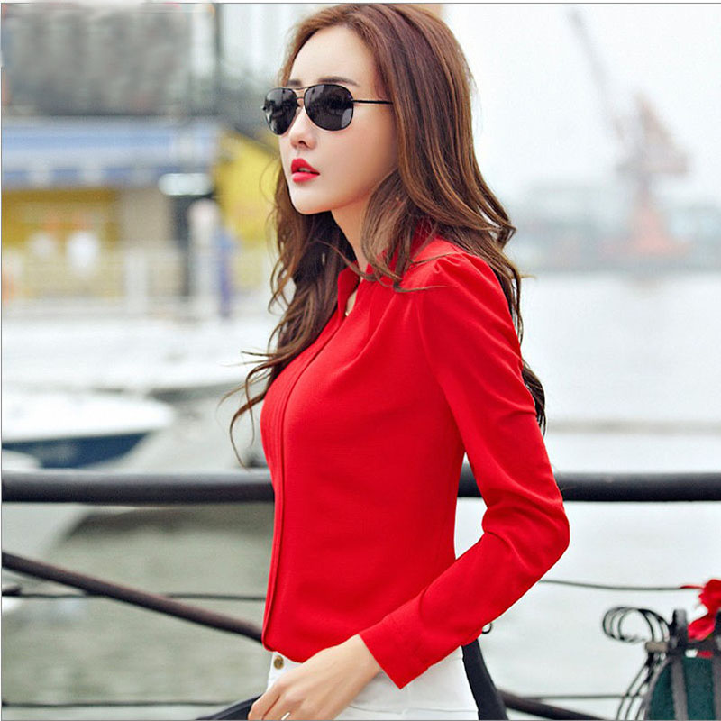 Chemise à manches longues femmes automne vêtements mode mince chemisier en mousseline de soie col en V coréen élégant dames chemises de bureau blanc rouge DF2324