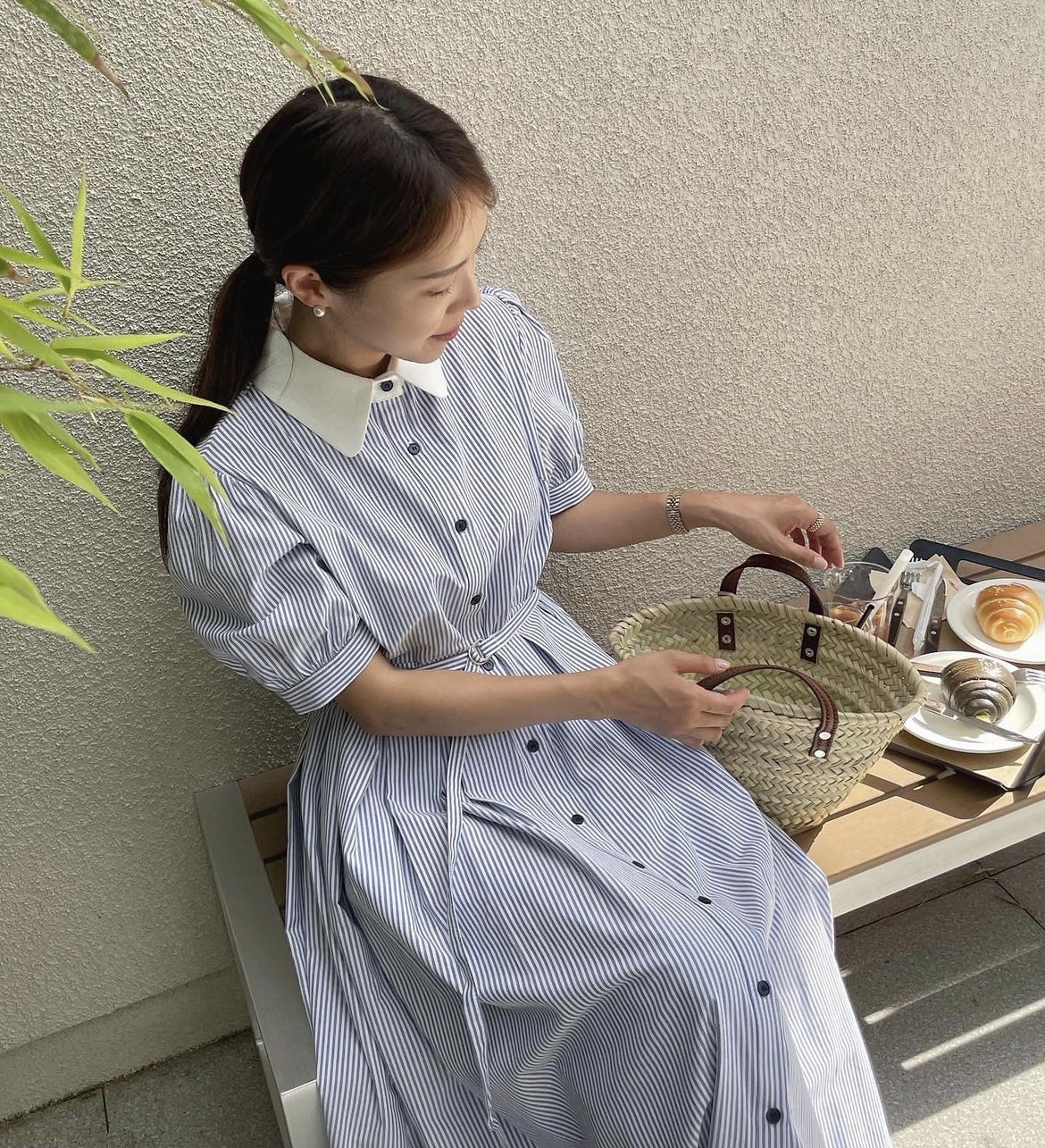 Robe pour femme de style coréen, manches courtes, couleur unie, col rabattu, robe rayée pour femme, style preppy, robes pour femmes