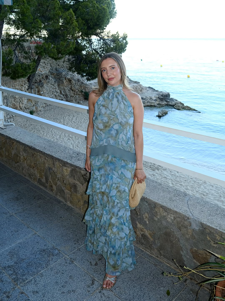 Ensemble deux pièces en mousseline à imprimé floral pour femme, chemisier sans manches à col halter et jupe midi à volants superposés à taille contrastante, tenue de vacances