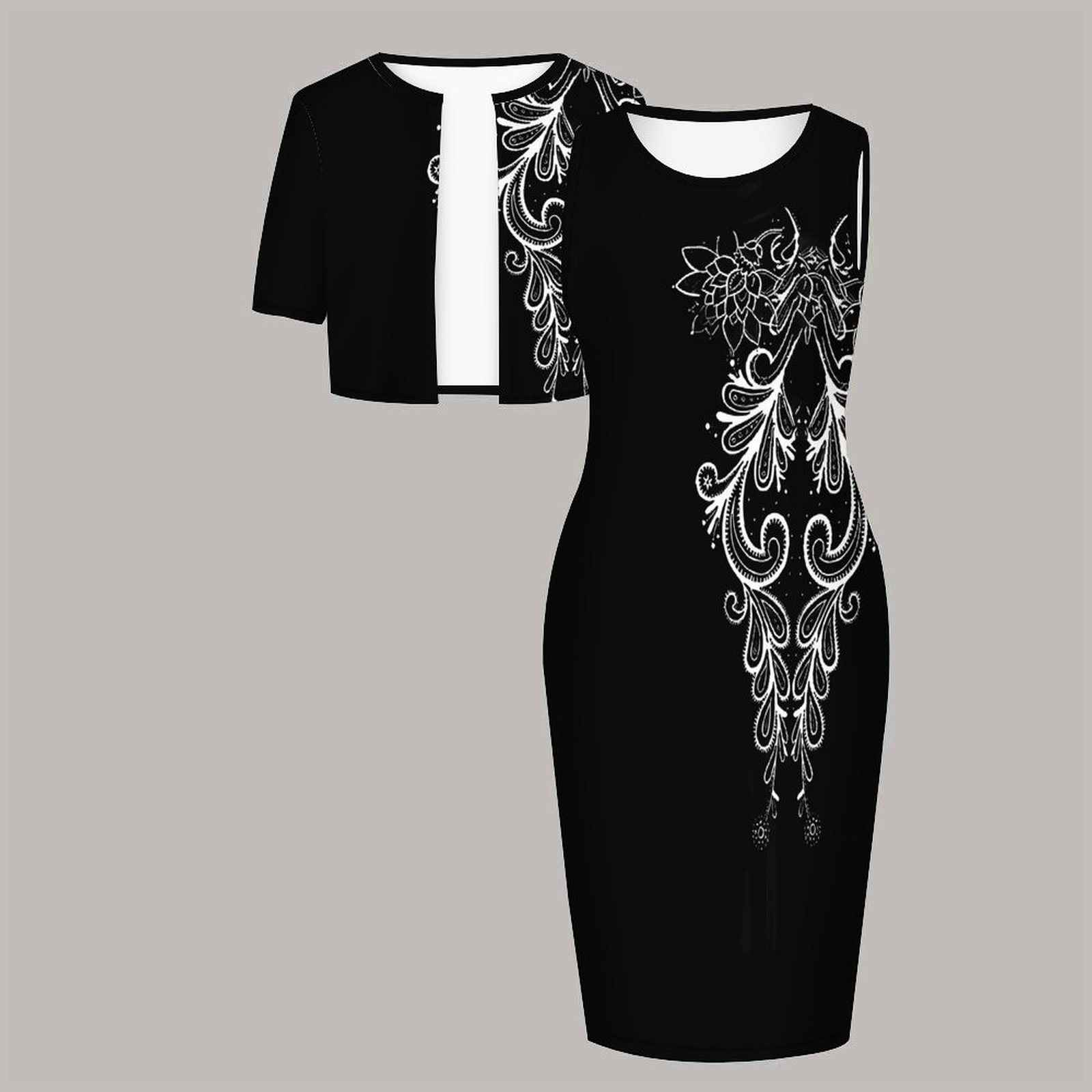 Ensemble deux pièces élégant pour femme grande taille : haut imprimé, gilet, robe et manteau à manches courtes, col rond – Idéal pour invitées de mariage