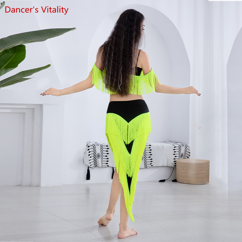 Ensemble de costumes de spectacle de danse du ventre pour femmes et enfants, haut à franges + jupe longue à franges, 2 pièces, tenue de danse du ventre pour filles