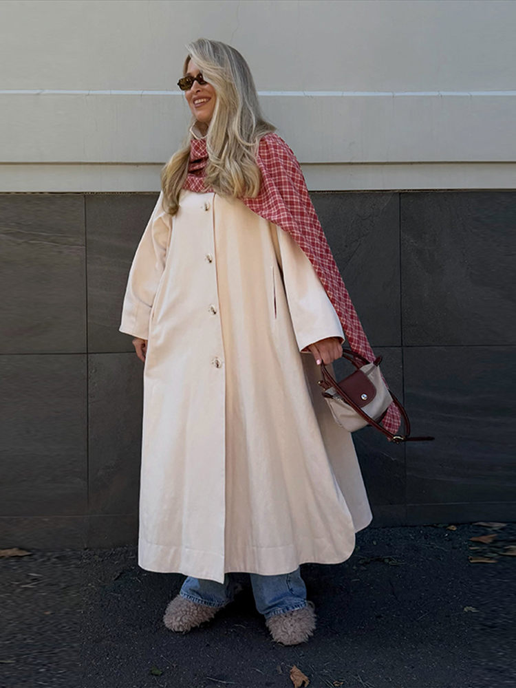 Manteau long trench à col montant ample et manches longues pour femme, coupe-vent fendu à boutonnage simple avec écharpe à carreaux, manteau d'automne 2026 pour femme