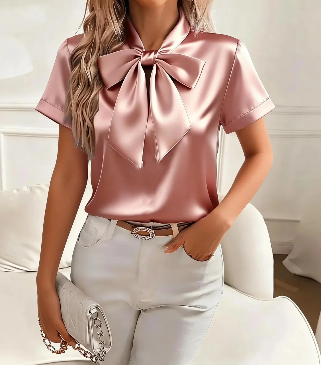 Chemise en satin à manches courtes pour femme avec nœud papillon au col, élégante pour le bureau
