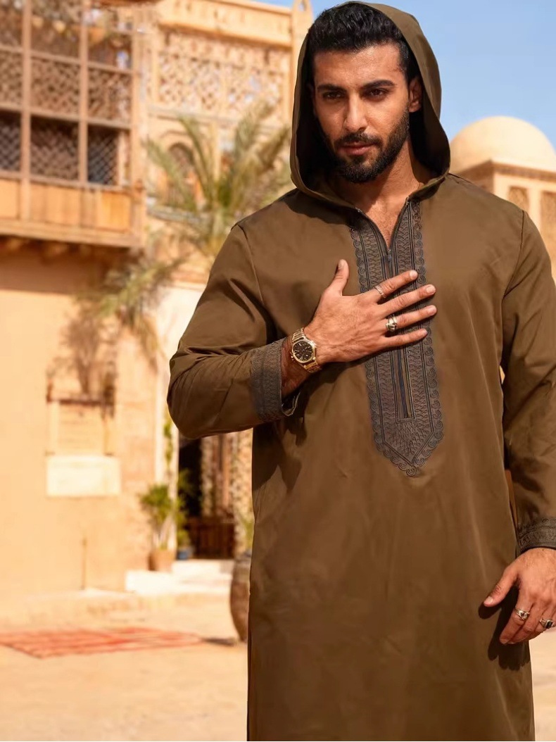 Robe longue pour homme, style Jubba Thobe, brodée, à capuche, Abayas, style Moyen-Orient, musulmane, unie, modeste, Maroc, Dubaï, avec empiècements, printemps, décontractée