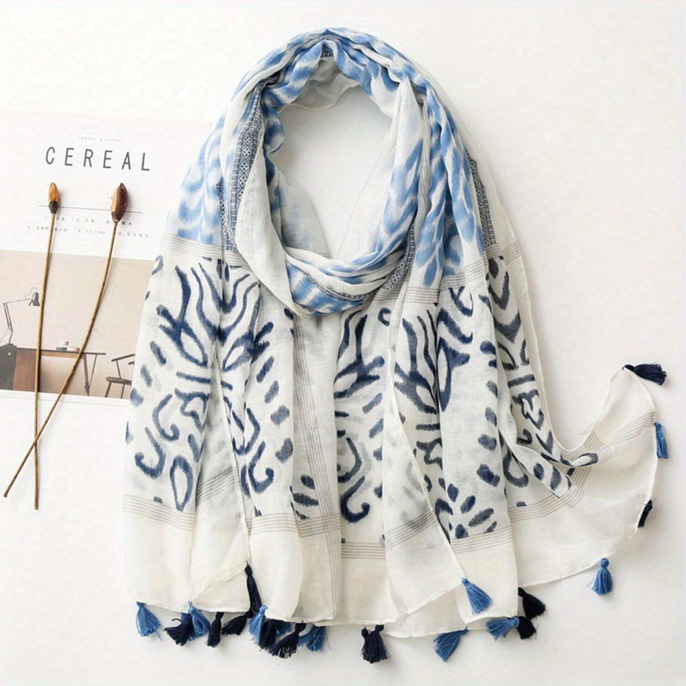 Écharpe légère à franges de Style bohémien, imprimé géométrique rétro bleu et blanc, nouvelle collection élégante en mousseline de soie balineuse rétro pour dames, 1 pièce