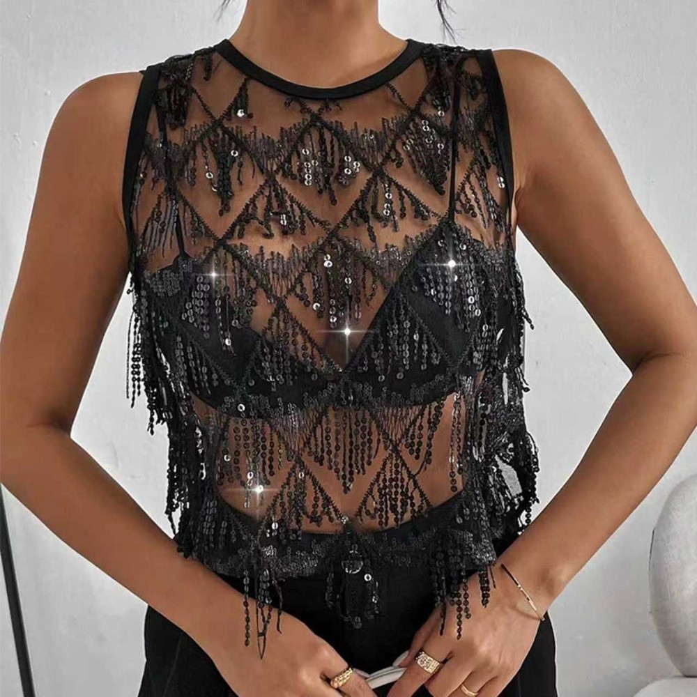 Débardeur court décontracté à franges et sequins, en maille transparente, coupe ample, brodé, sans manches, style streetwear