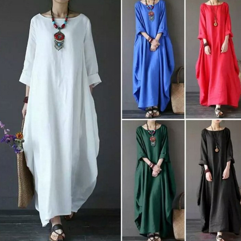 Robe d'été fine en coton et lin pour femmes, style bohème, manches longues, couleur unie, kaftan vintage