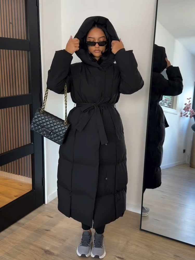 Veste Maxi en coton brillant pour femme, Chic, avec capuche, mode, manches longues, ceinture à la taille, manteau surdimensionné, vêtements d'extérieur chauds d'hiver 2025