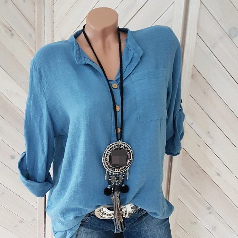 Chemisier en coton et lin pour femmes, chemises d'automne décontractées à manches longues, col en V, chemise ample, hauts pour dames, T-Shirts sur mesure