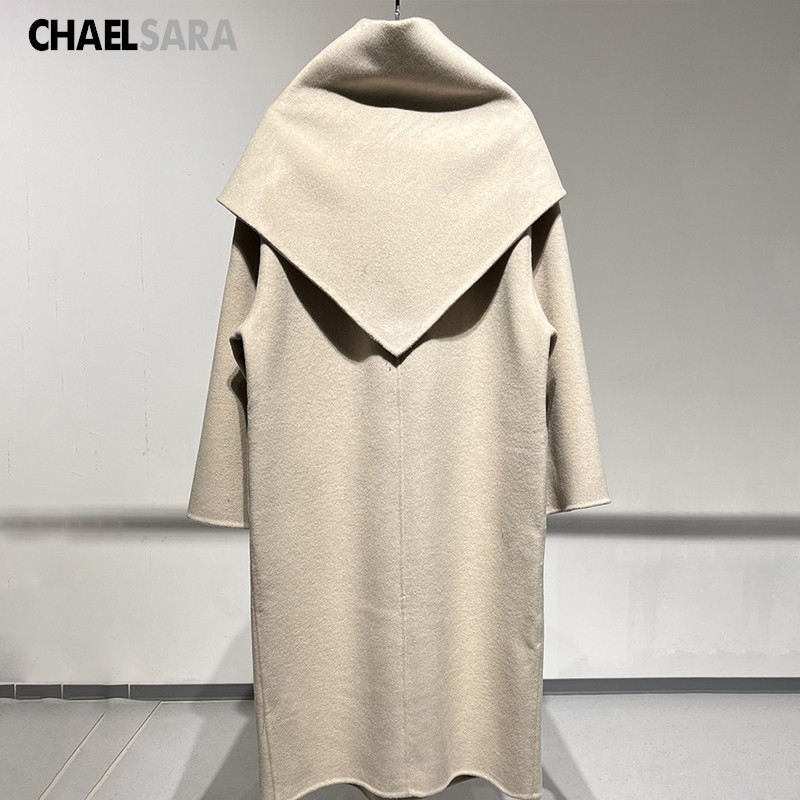 Manteau long en laine mélangée pour femmes, automne-hiver, élégant, col châle, coupe ample, vêtement d'extérieur chaud.
