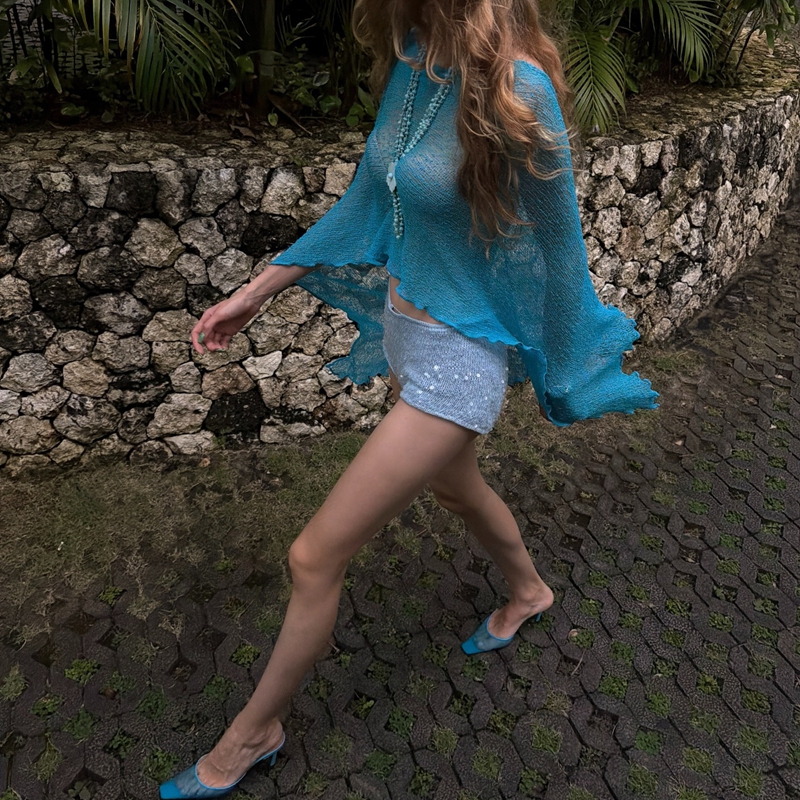 Combhasaki – Nouveauté 2026 : Poncho en tricot pour femme, cache-maillot de bain, tenue de plage estivale, couleur unie, ourlet à volants irréguliers, haut court à manches chauve-souris