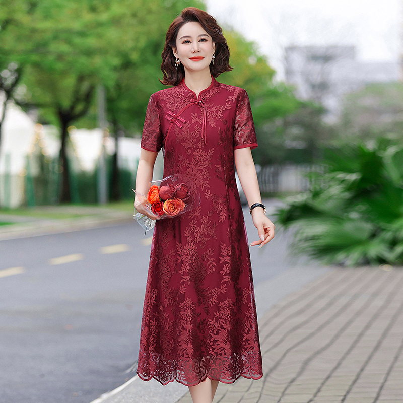 Robe Vintage à manches courtes pour femmes, vêtements de Style chinois pour mères d'âge moyen, robes longues au genou, robe de Banquet de mariage