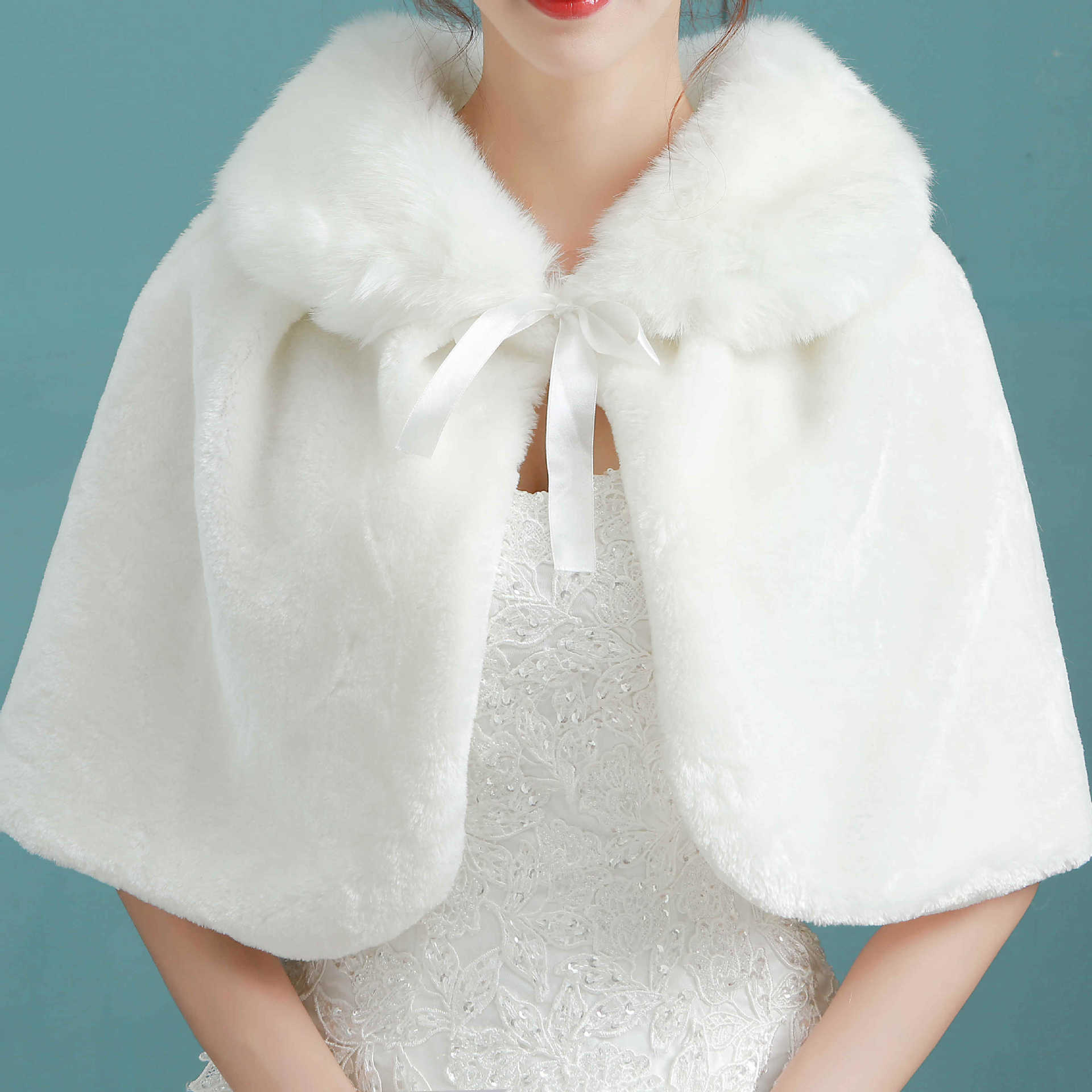 Épaissir l'étole ronde en peluche pour femmes, longueur du coude, châle pour patients de mariage, cape, veste chaude, haussement d'épaules avec ruban à lacets, nœud papillon, hiver
