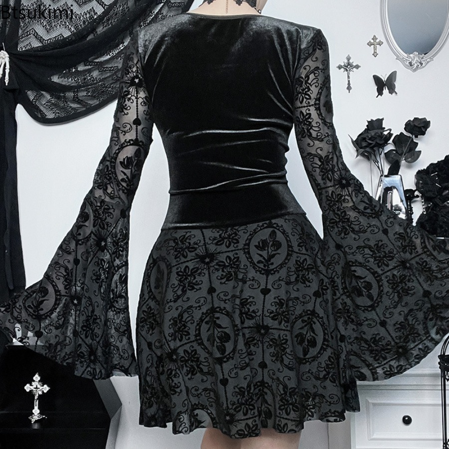 Robes gothiques en velours pour femmes, Y2K, Sexy, dentelle évasée, manches longues, moulante, robes de soirée élégantes, Vintage, esthétique, Mini robe