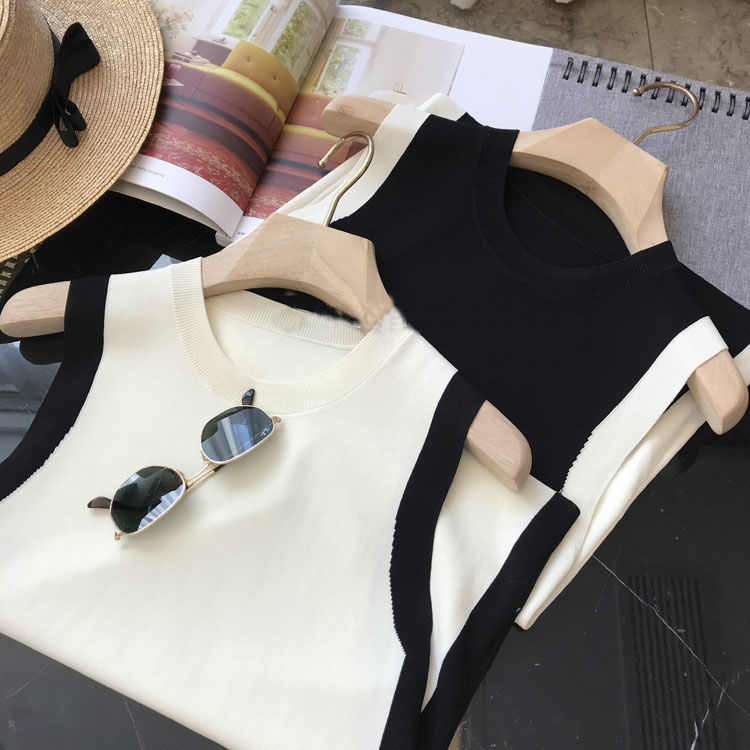 Soie glacée noir blanc contraste sans manches tricoté débardeur sauvage col en V gilet hauts et t-shirts vêtements pour femmes Camis décontractés