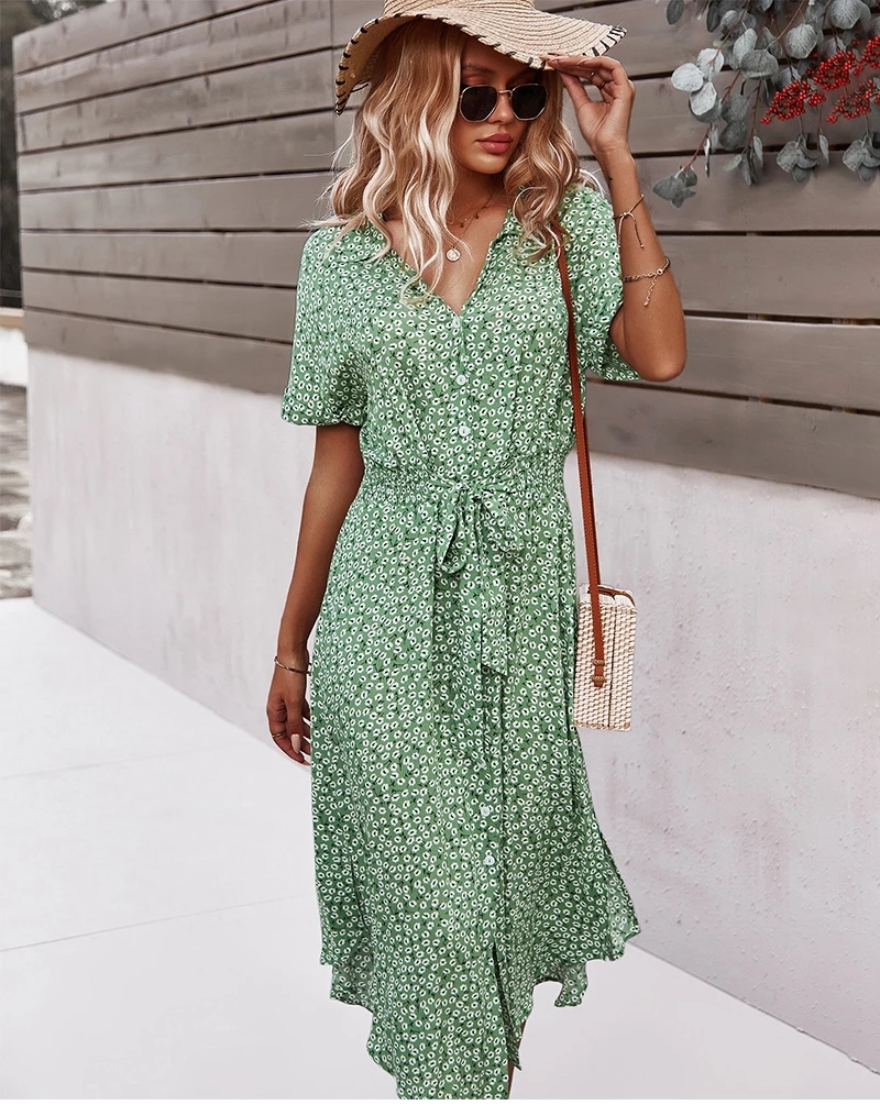 Robe d'été mi-longue à imprimé Floral pour femmes, décontractée, manches courtes, boutons, vacances, col en v, plage, Boho Chic, Robe élégante