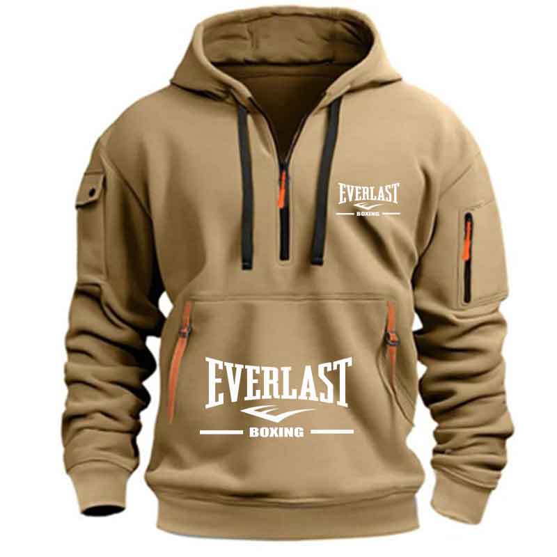 Sweat à capuche décontracté pour hommes, multi-poches, sport, manches longues, imprimé, chaud, demi-fermeture éclair, pull de Fitness, bon