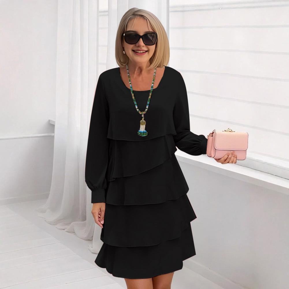 Robe en tissu léger pour femmes, élégante, multicouche, gâteau, couleur unie, col rond, manches longues, pour les vacances