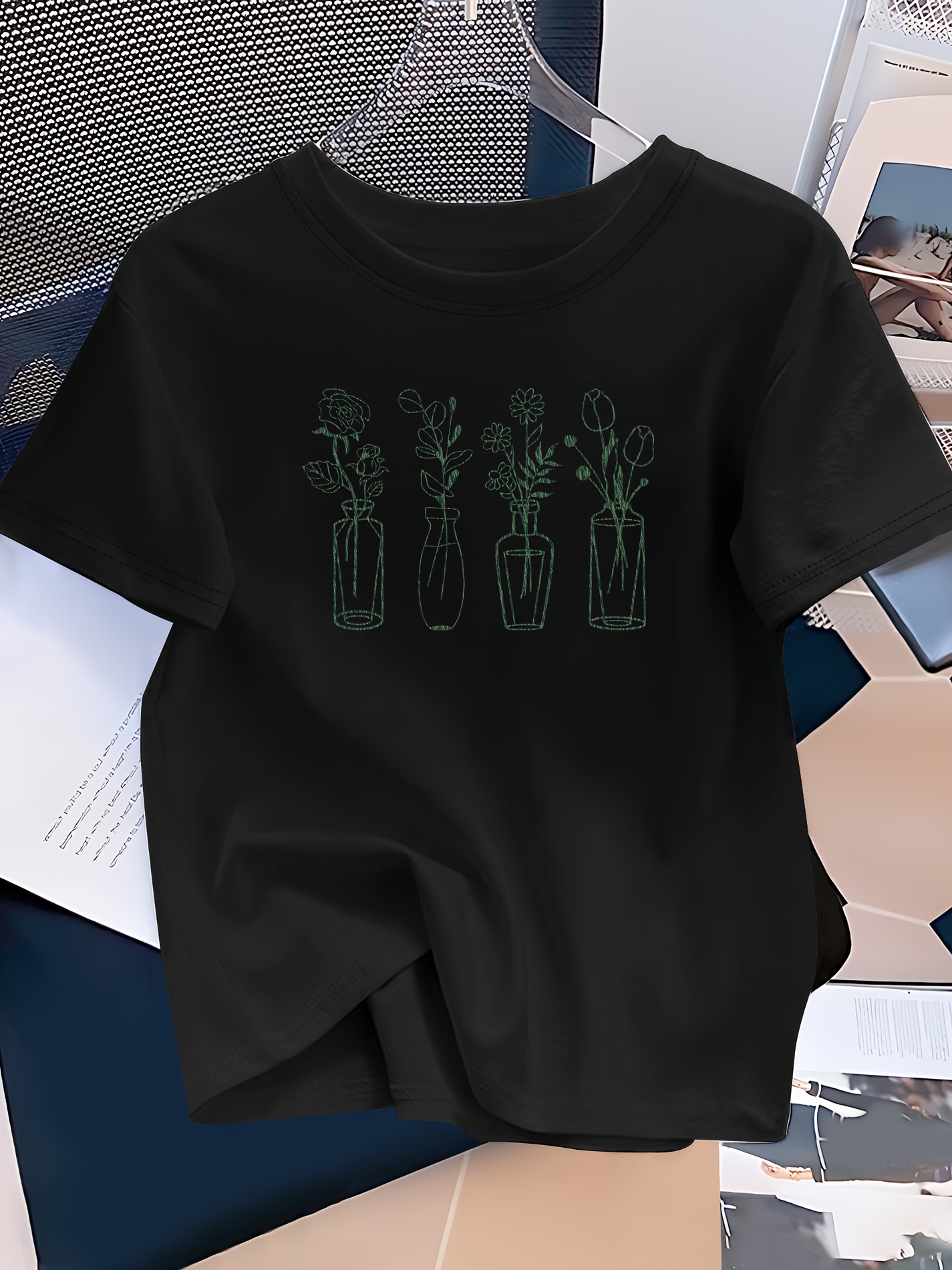 T-shirt col rond pour femmes, Style décontracté et élégant, imprimé Floral, à la mode, pour les déplacements quotidiens, les vacances, printemps et été