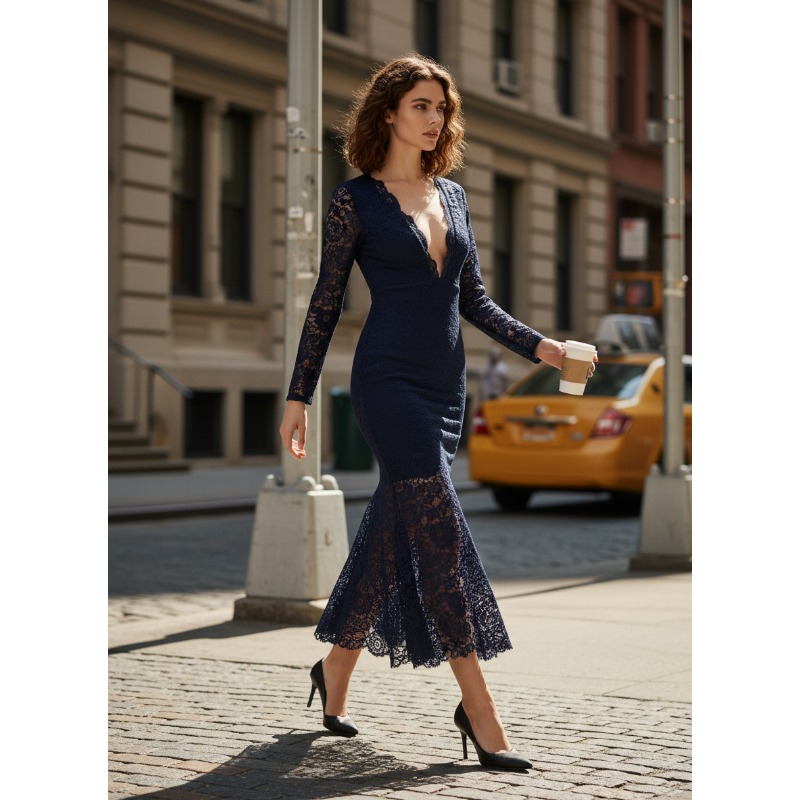 Robe longue en dentelle unie pour femmes, col en V, manches longues, coupe ajustée, robe de soirée moulante.