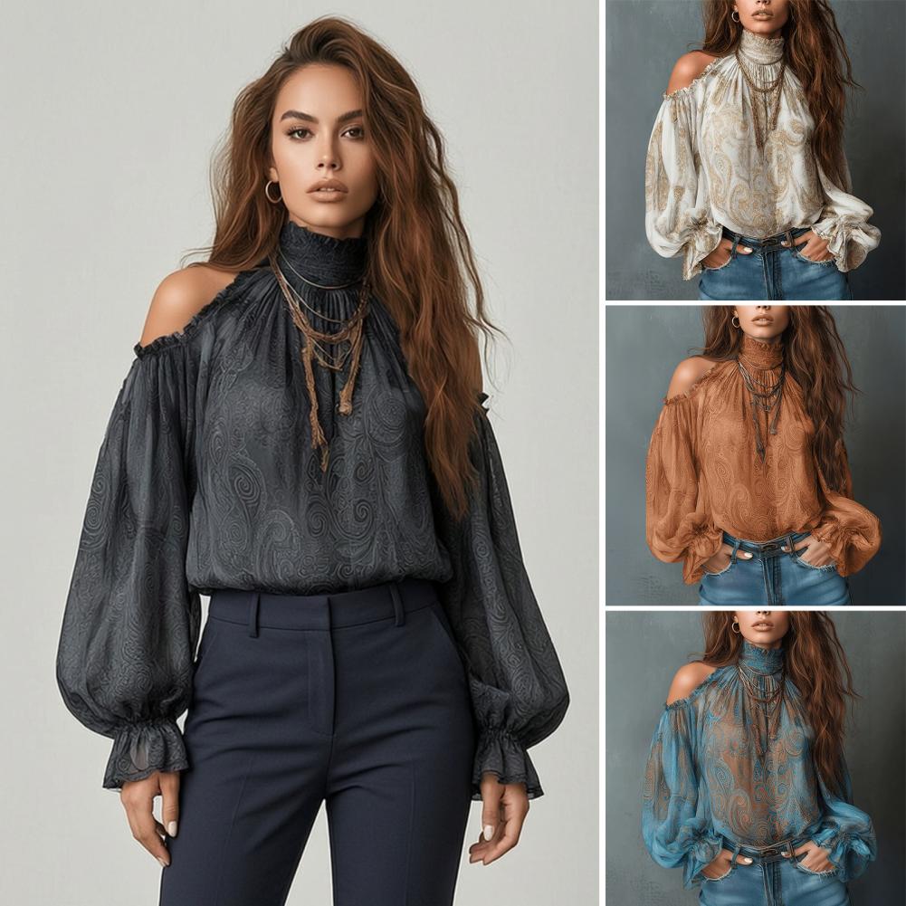 Chemisier femme automne-hiver à épaules dénudées, imprimé ethnique vintage, col montant, haut décontracté à manches lanternes à volants
