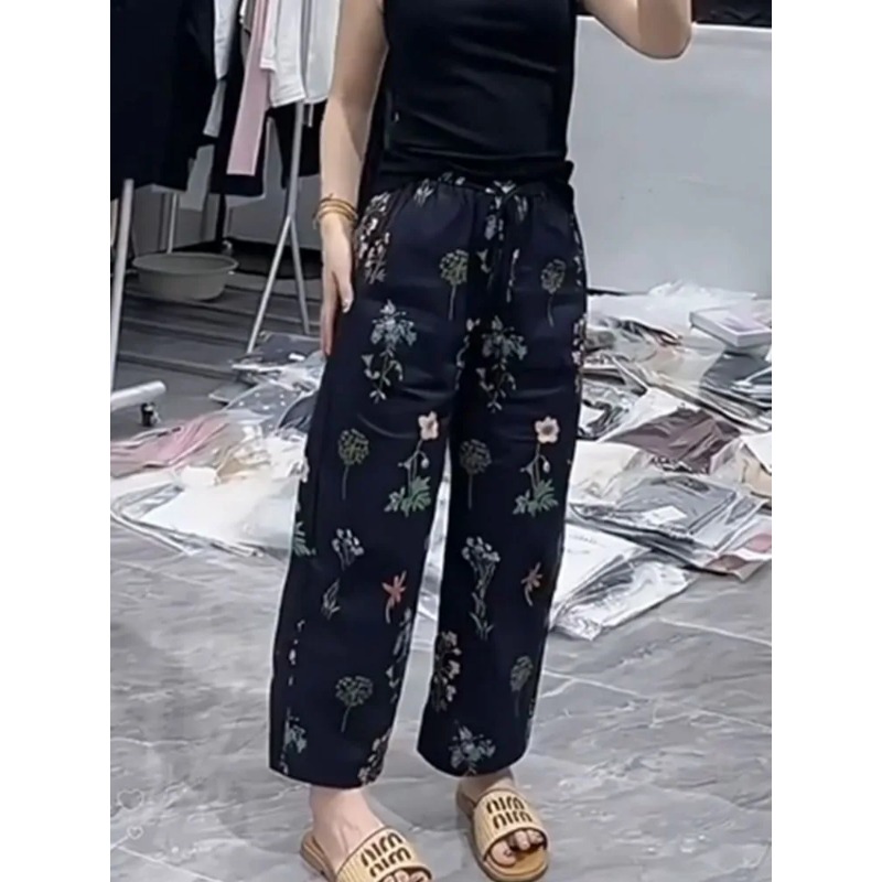 Pantalon décontracté à imprimé floral pour femmes, pantalon d'été fin, ample, à jambes larges, taille haute, longueur neuf points, grande taille, pour femmes courbes