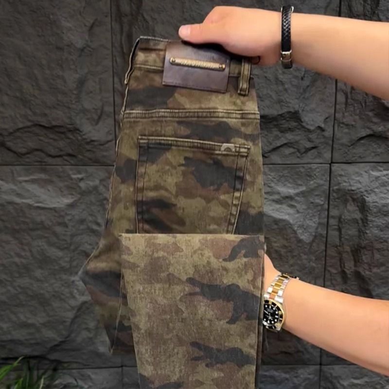 Jeans Homme Italie Luxe Lavé Camouflage Coupe Slim Droite 2026 Nouvelle Collection Haut de Gamme Tendance Décontracté Pantalon Long