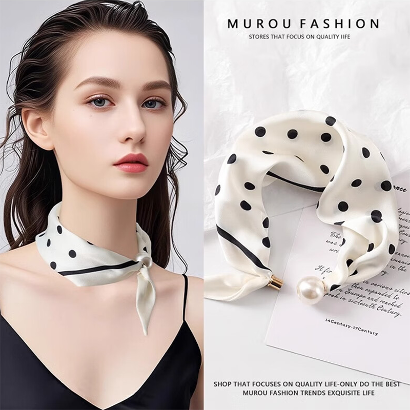 Foulard en Soie de Luxe avec Pendentif Perle Collier Ras du Cou, Chaîne Magnétique Fine, Boucle, Écharpe, Foulard Femme, Ruban de Marques de Luxe