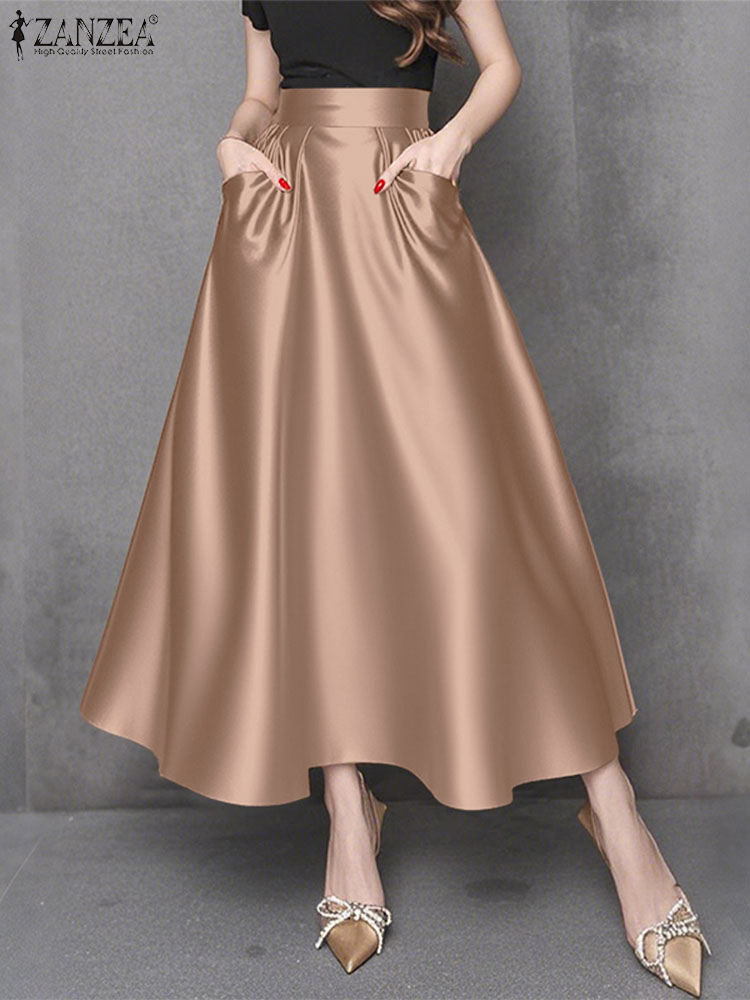Femmes élégantes Maxi jupes longues 2025 ZANZEA élégant fête Satin Jupe été taille haute vacances Robe solide a-ligne travail Faldas Saia
