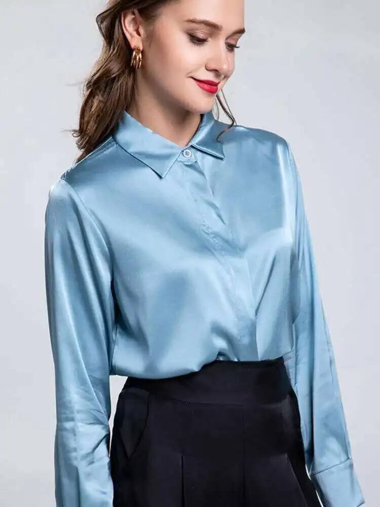 Real Inj-Chemises à manches longues pour femmes, col rabattu, droite, simple boutonnage, bureau, dame, 93%