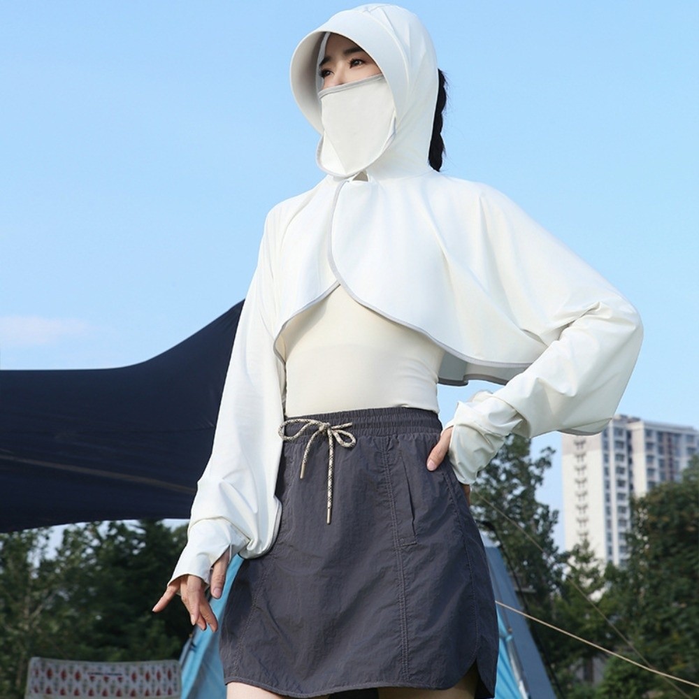 Haut de protection solaire 3-en-1 en soie glacée à manches longues avec masque facial intégré, chapeau et châle imperméable, coupe ample, vêtement de protection solaire