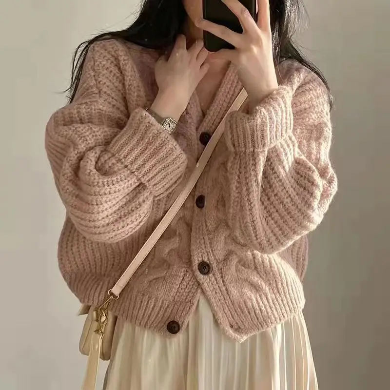 Mode hiver chaud à manches longues femmes v-nek lâche Cardigan pull automne élégant couleur unie décontracté haut tricoté