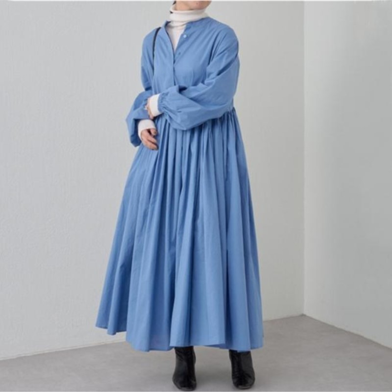 Robes adt en coton et lin pour femmes, version coréenne solide, manches longues, plissé, grande balançoire, robe vintage, vêtements décontractés, automne