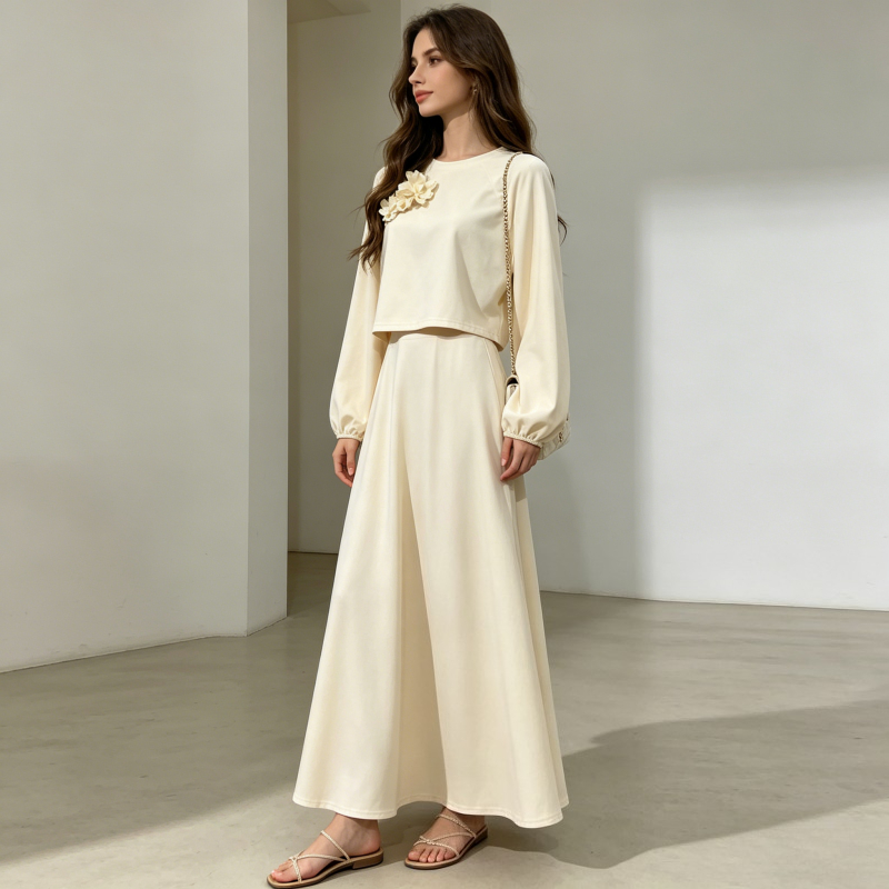 Ensemble de mode Eid Dubaï 2 pièces pour femme : haut à manches lanternes et jupe, ensembles musulmans, jalabiya avec appliques, ensembles pour femmes