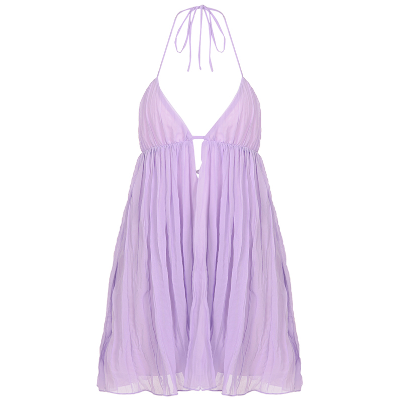 SUCHCUTE Robe d'été en mousseline de soie violette, dos nu, sans manches, élégante, sexy, col en V profond, coupe trapèze, mini-robe, tenue de plage pour les vacances d'été
