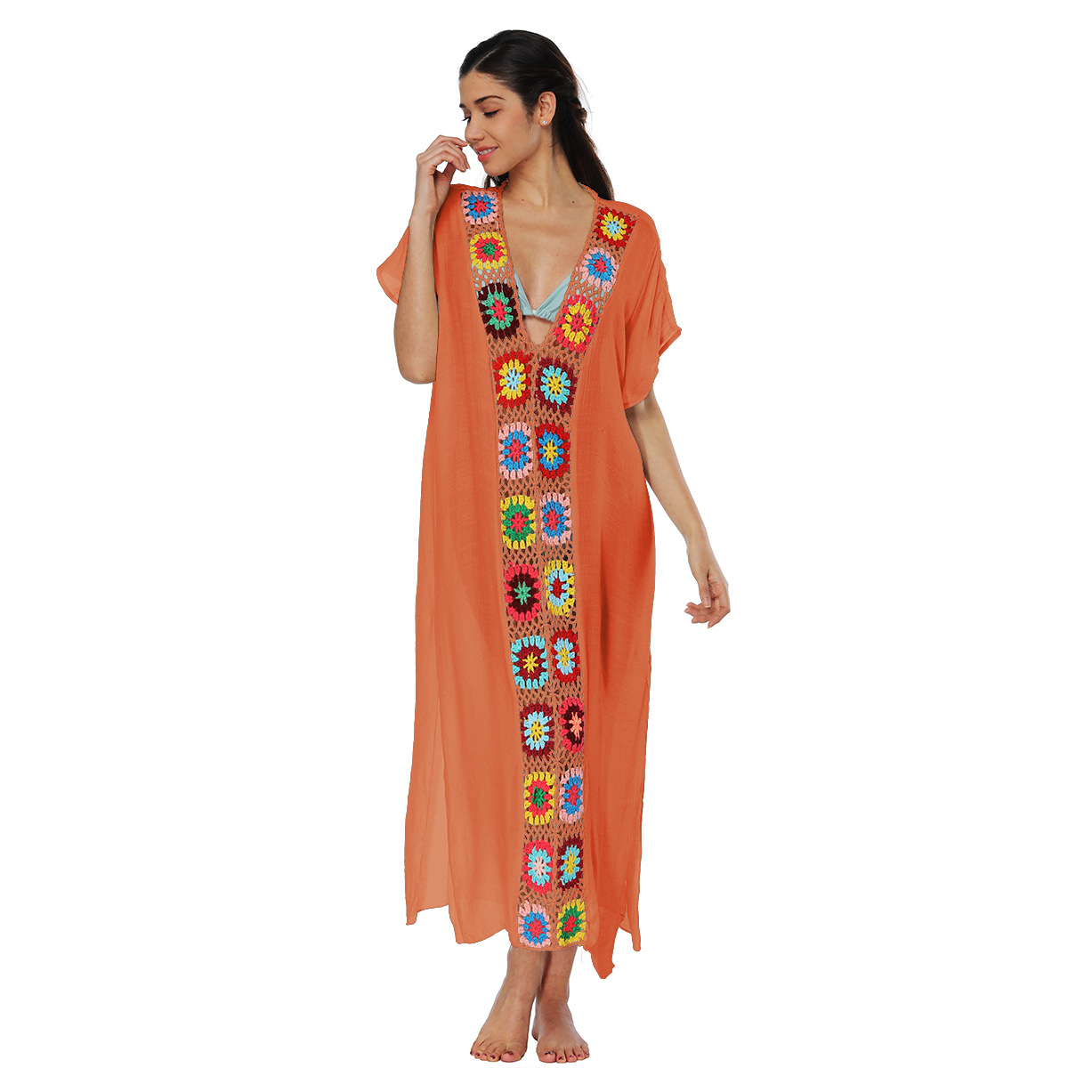 Robes pour femmes 2025 – Robe longue sexy à fente, patchwork crocheté à la main, imprimé floral, chemise de plage, vêtements pour femmes, Vestidos