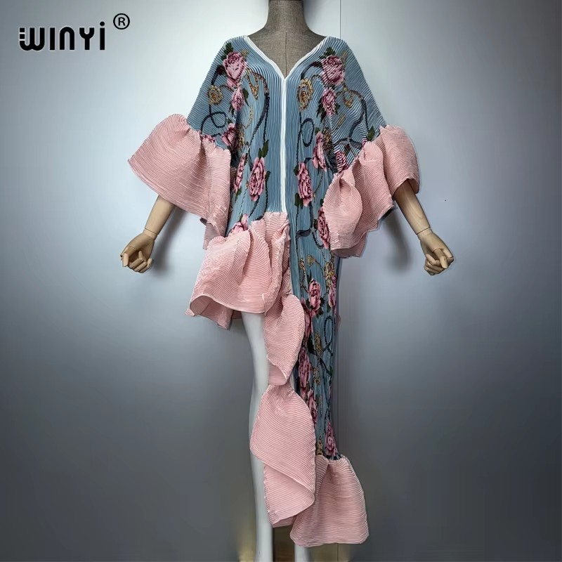 Robe Kaftan Maxi Bohème WINYI Style Moyen-Orient Élégante Plissée Cache-maillot de Plage Élastique Luxe Soirée Fête Dubaï Abaya