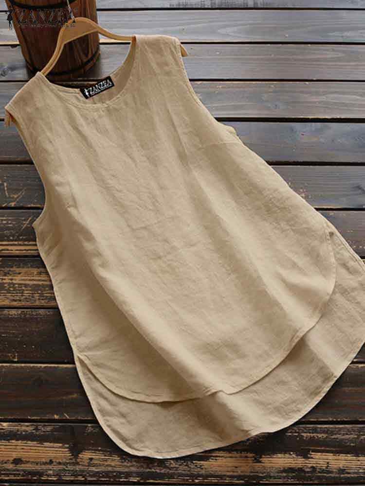 ZANZEA-Chemisier à col rond pour femme, chemise en fibre monochromatique, débardeurs en coton, mode décontractée, vêtements de plage, été, 2024