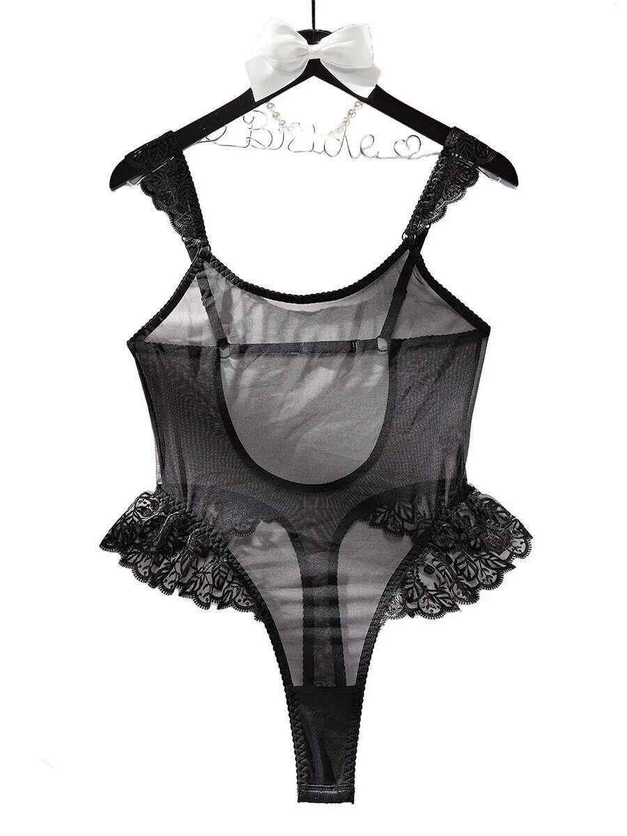 Nouveau body Sexy bords à volants Patchwork maille Perspective Sexy dos nu bretelles en V profond sans manches body charmant 5ZAL