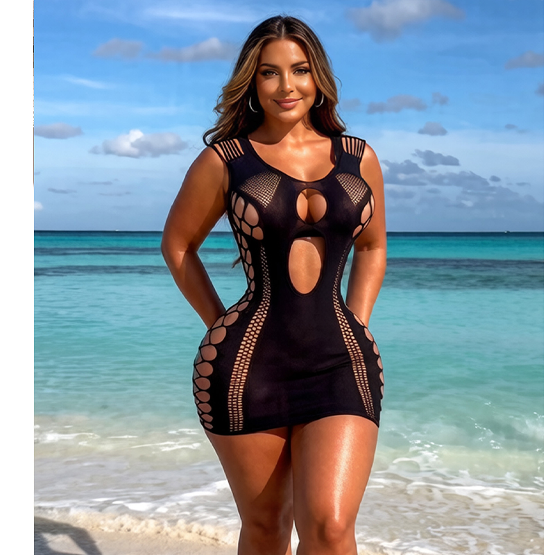Robe de plage sexy en résille pour femme, extensible, transparente, sans manches, sans maillot de bain, mini-tenue de plage