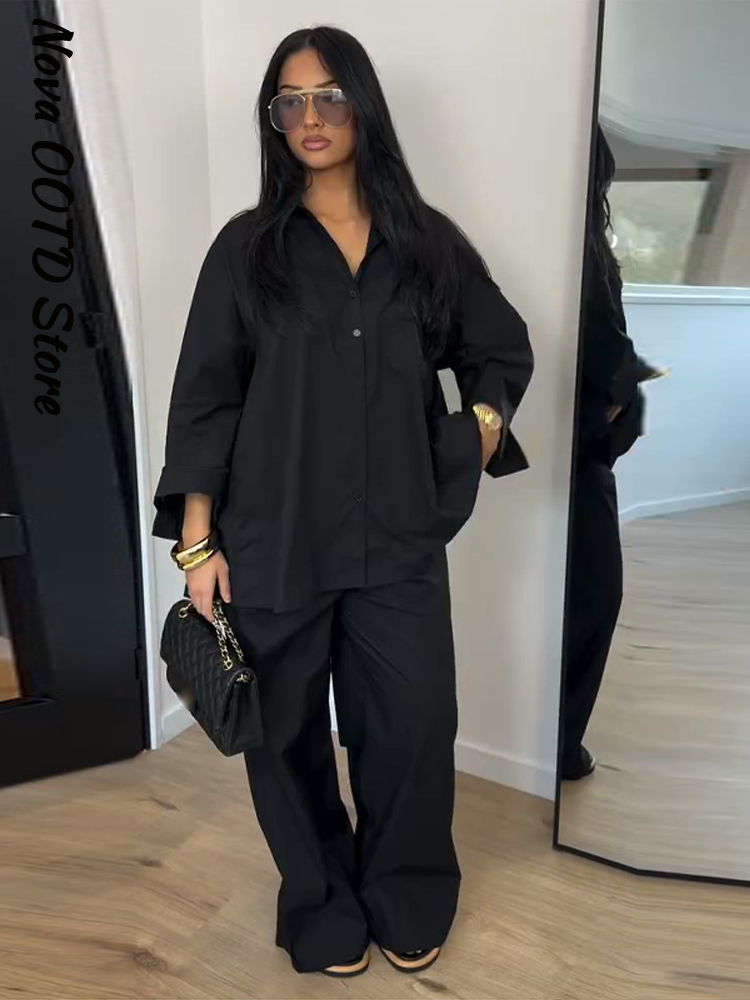 Ensemble chemise et pantalon amples pour femme, col à revers uni, simple boutonnage, manches longues, hauts amples, pantalon large, 2 pièces, tenue printemps 2026