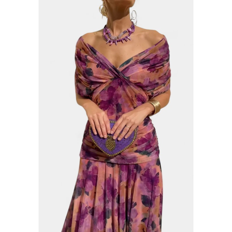 Robe Camisole Femme Chic à Col V en Mousseline Imprimé Floral, Nouvelle Collection Automne 2026, Élégante, Épaules Dénudées, Ourlet Fluide, Idéale pour les Vacances et les Fêtes, Longueur Midi