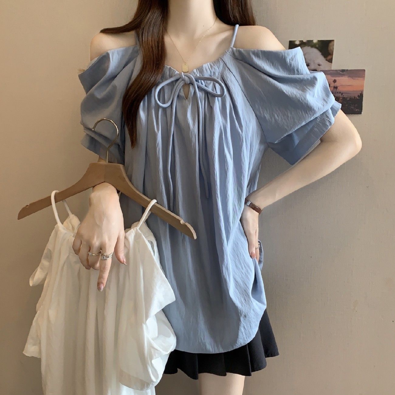 Nouvelle Collection Été – Haut Ample et Amincissant à Cordon de Serrage, Couleur Unie, Polyvalent, Épaule Dénudée, Manches Courtes pour Femmes Rondes