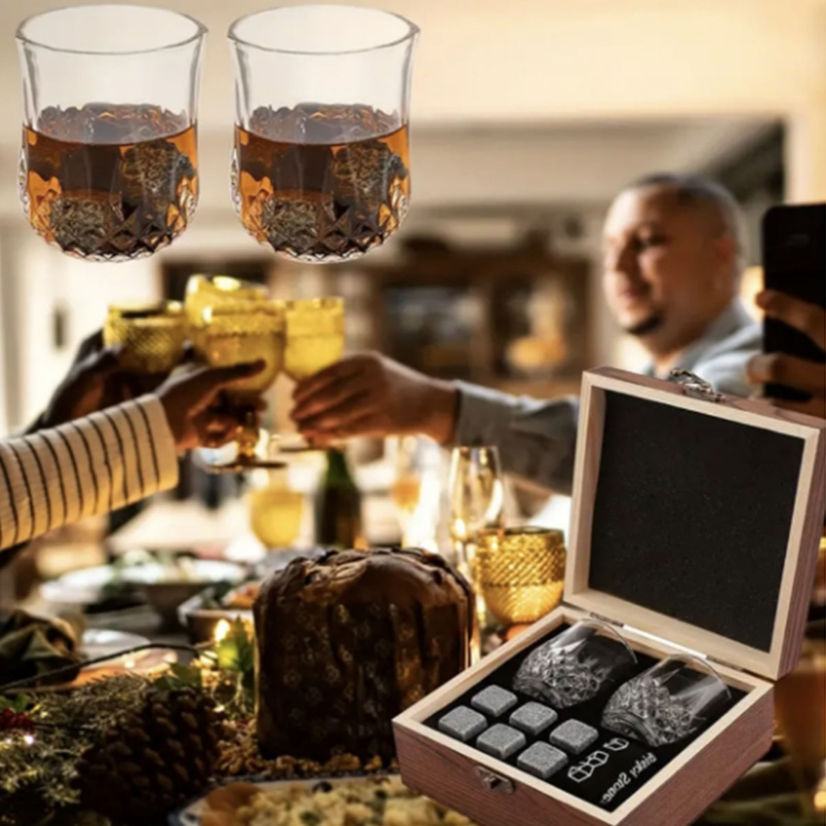 Ensemble de verres à pierres à whisky, cadeau de noël, saint-valentin, glaçon en granit pour whisky dans une boîte de bouteille en bois, cadeau pour papa et mari