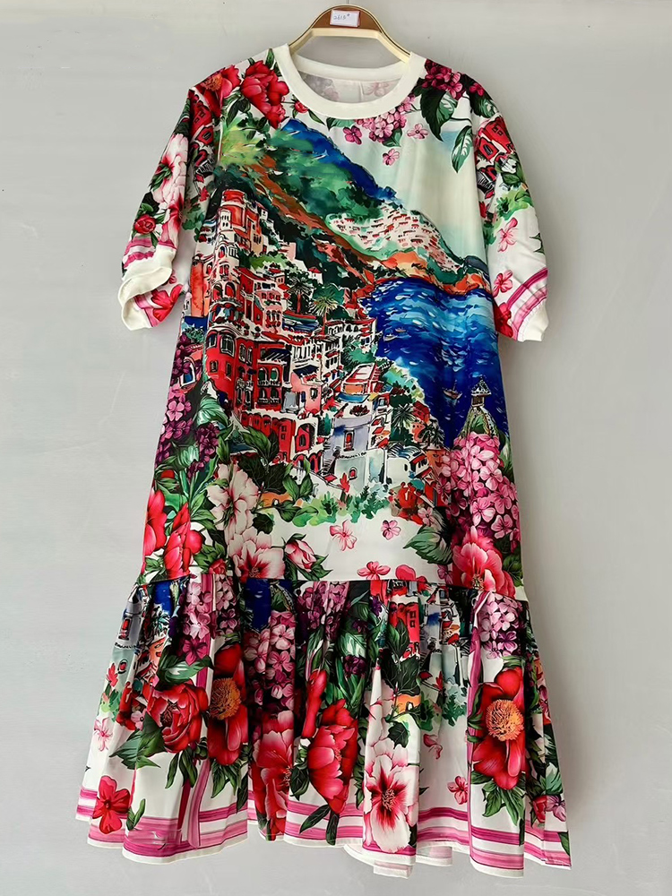Mode élégante impression géométrique à manches courtes robe ample été femmes nouveau tempérament décontracté courte jupe droite