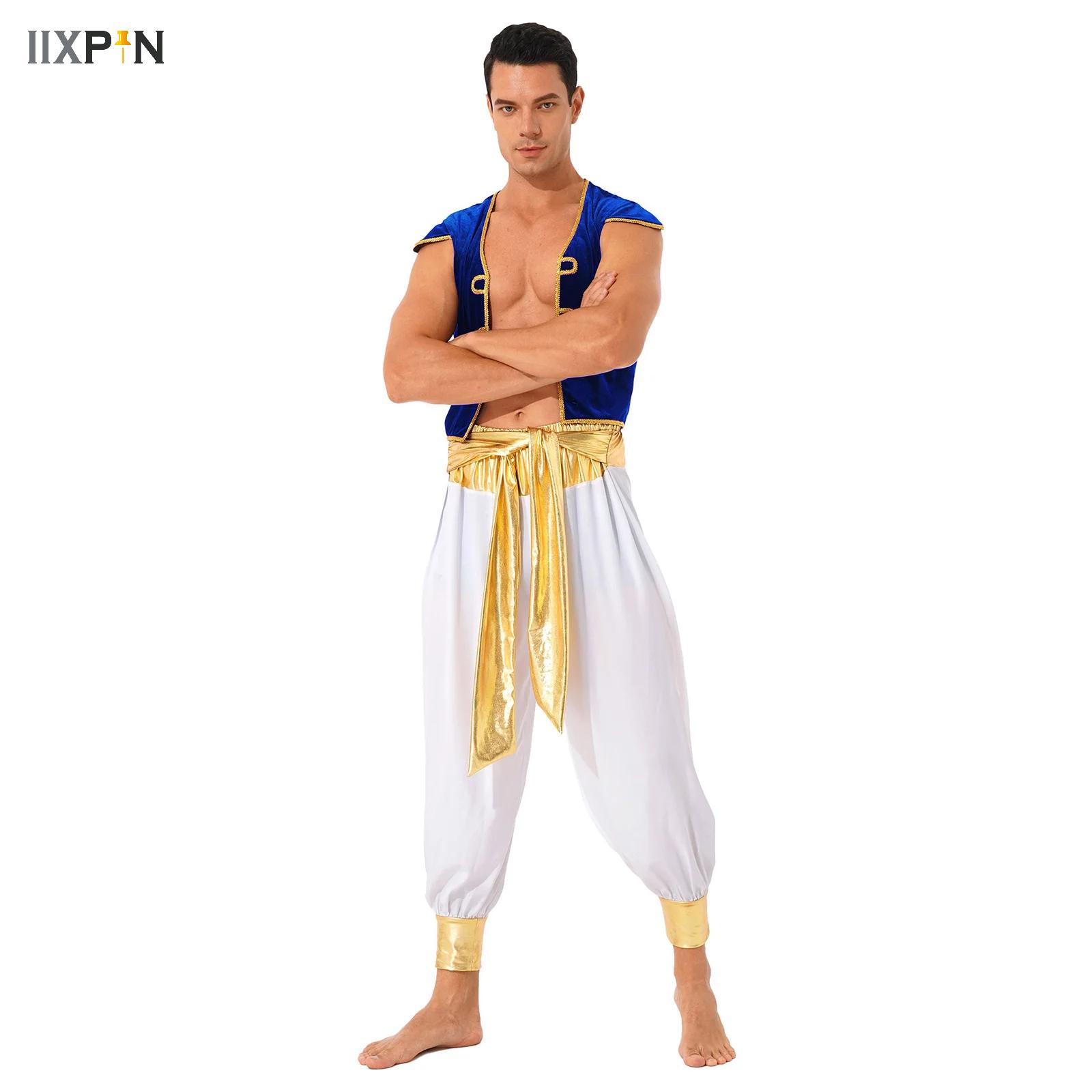 Costume de Prince arabe d'halloween pour hommes, tenue de fête à thème mythique Aladin, déguisement de Cosplay, gilet avec pantalon ceinturé
