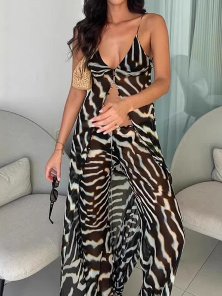 Ensemble deux pièces pour femme, haut de camisole sexy à col en V et pantalon long, tenue de plage en mousseline de soie, costumes décontractés amples, imprimé rayé, vacances