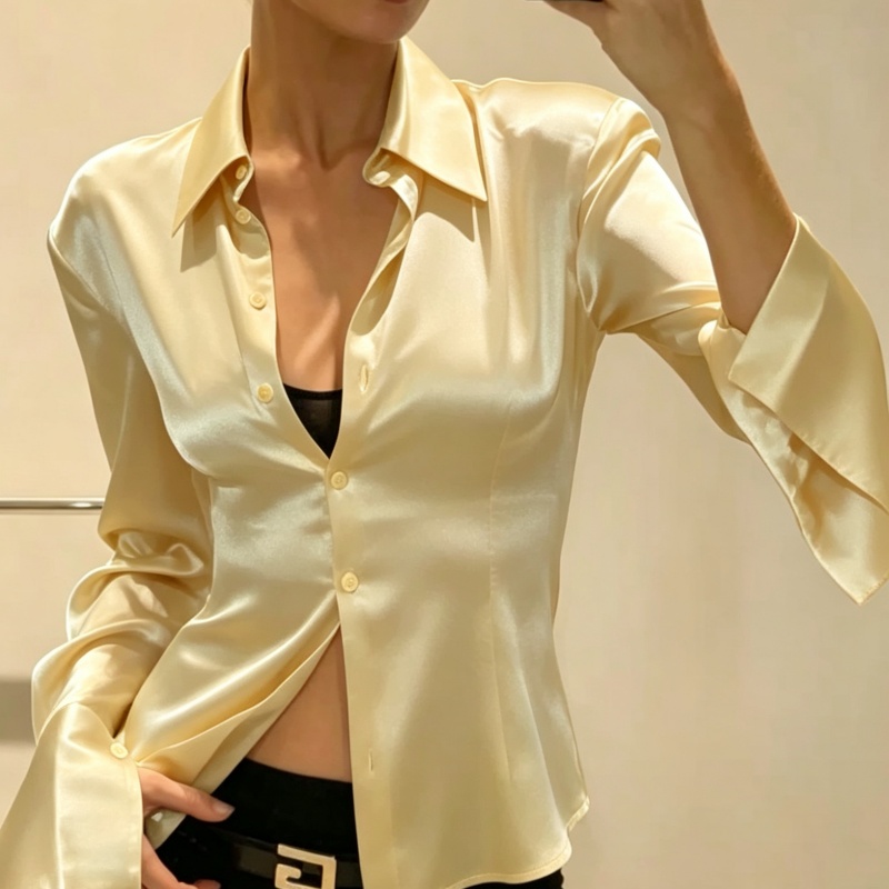 Chemisier élégant en satin soyeux pour femme, à manches longues, col à revers, boutonnage, coupe ajustée Y2K, poignets larges, hauts de travail pour le bureau