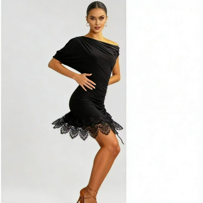 Robe de danse latine noire pour femme, manches courtes, épaules asymétriques, jupe en dentelle, tenue de compétition de Rumba Cha Cha pour scène et salle de bal