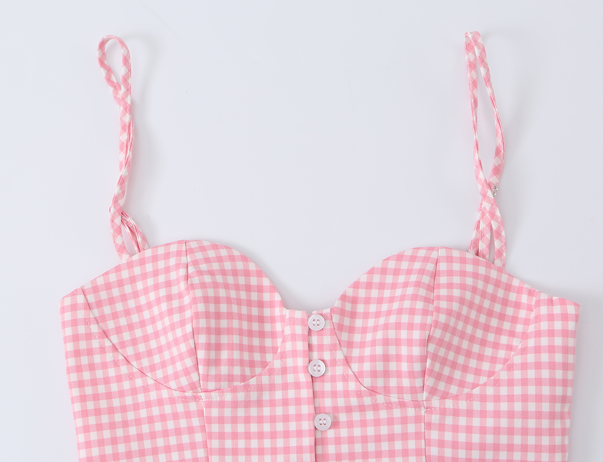 BSAY Coquette Pink Gingham Bustier Crop Top pour femme, débardeur corset à col cœur, fines bretelles, boutons sur le devant et ourlet à volants, style mignon d'été